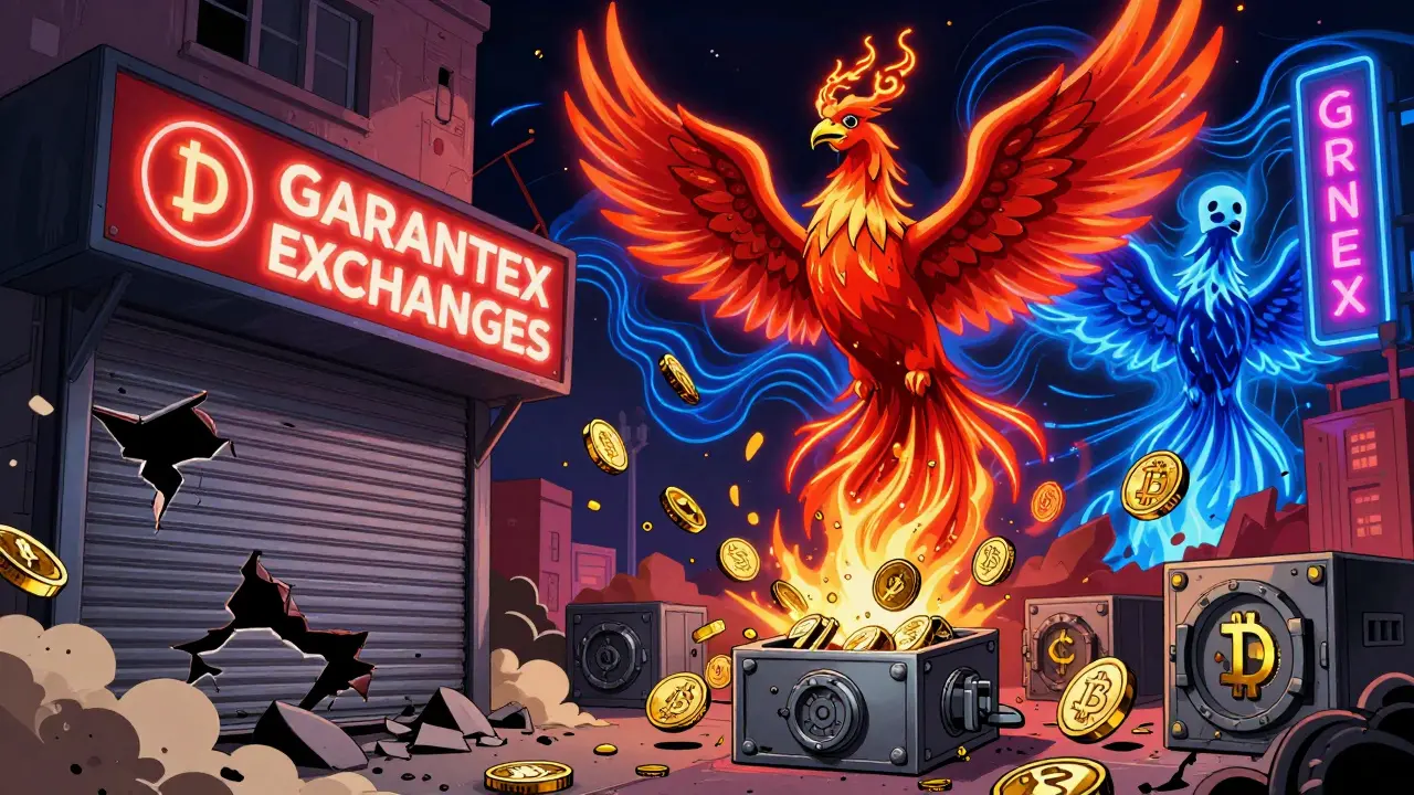Garantex exchange collapsing as Grinex rises in neon glow, crypto coins flowing to Central Asia