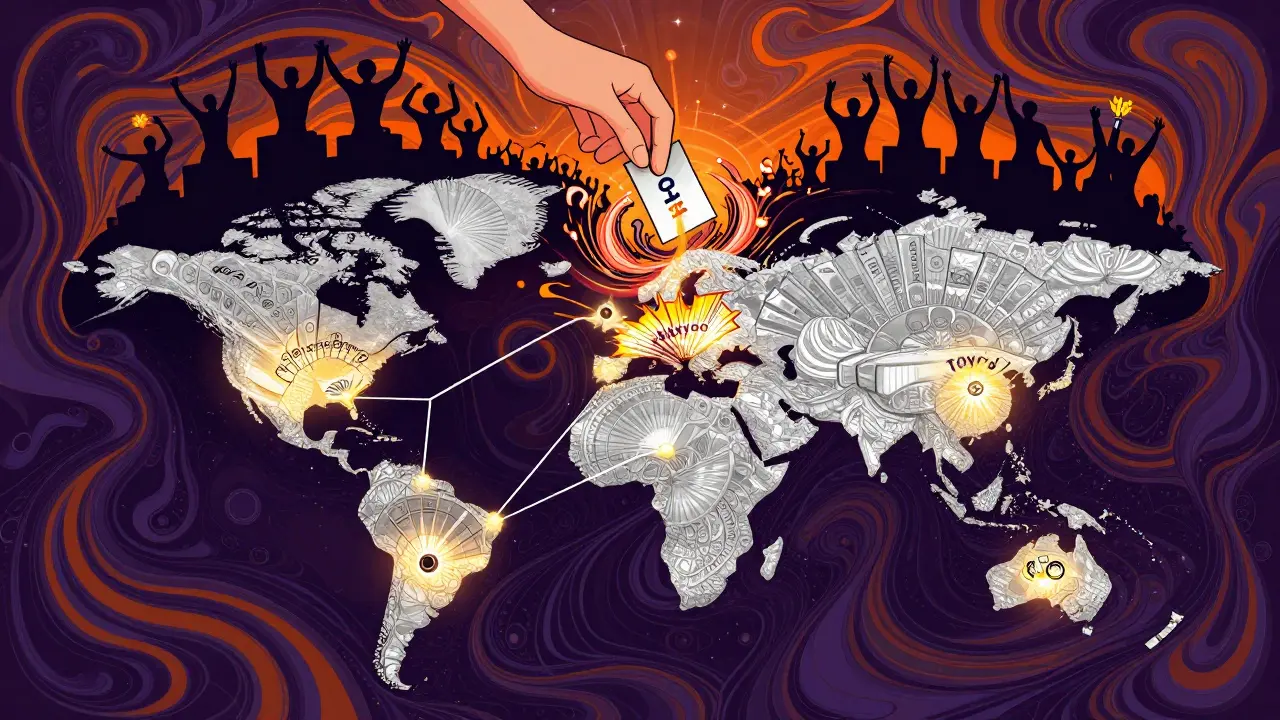 Global map made of fan tokens connecting stadiums, with CHZ energy pulses and voting ballot in psychedelic style.