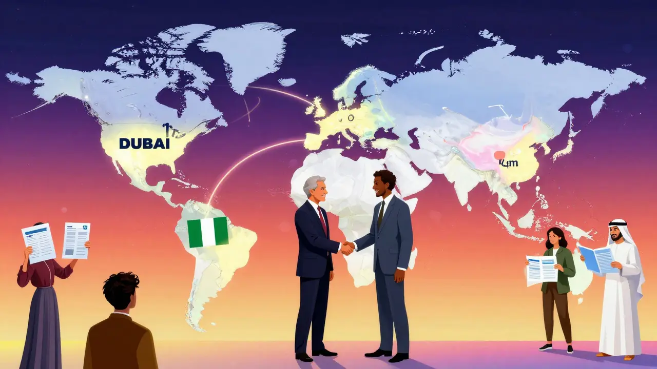 Global map showing Dubai connecting to world capitals, startups welcomed by investors in retro-futuristic poster style