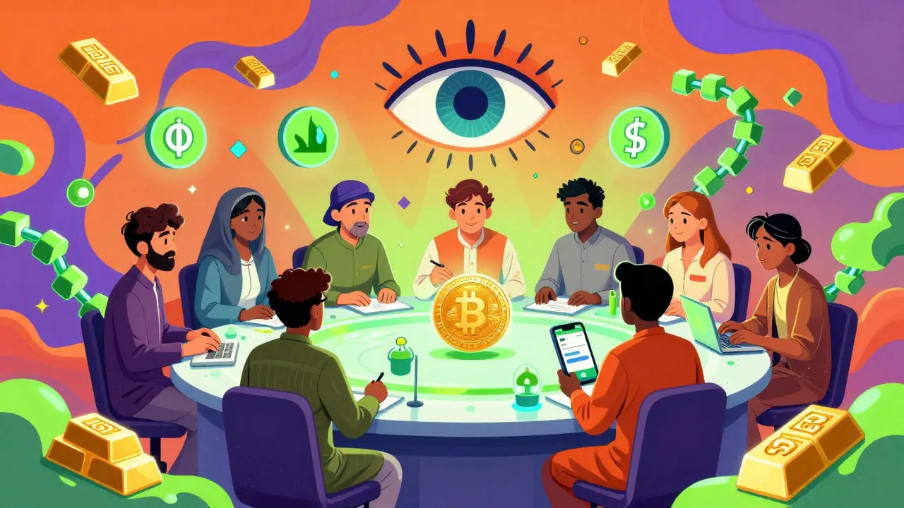 Pakistani innovators testing crypto apps in a glowing sandbox under the watchful eye of PVARA, surrounded by digital gold and halal symbols.