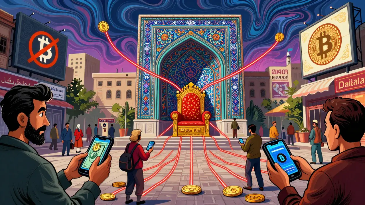 People in Tehran making transactions through a giant government portal as crypto ads fade away.
