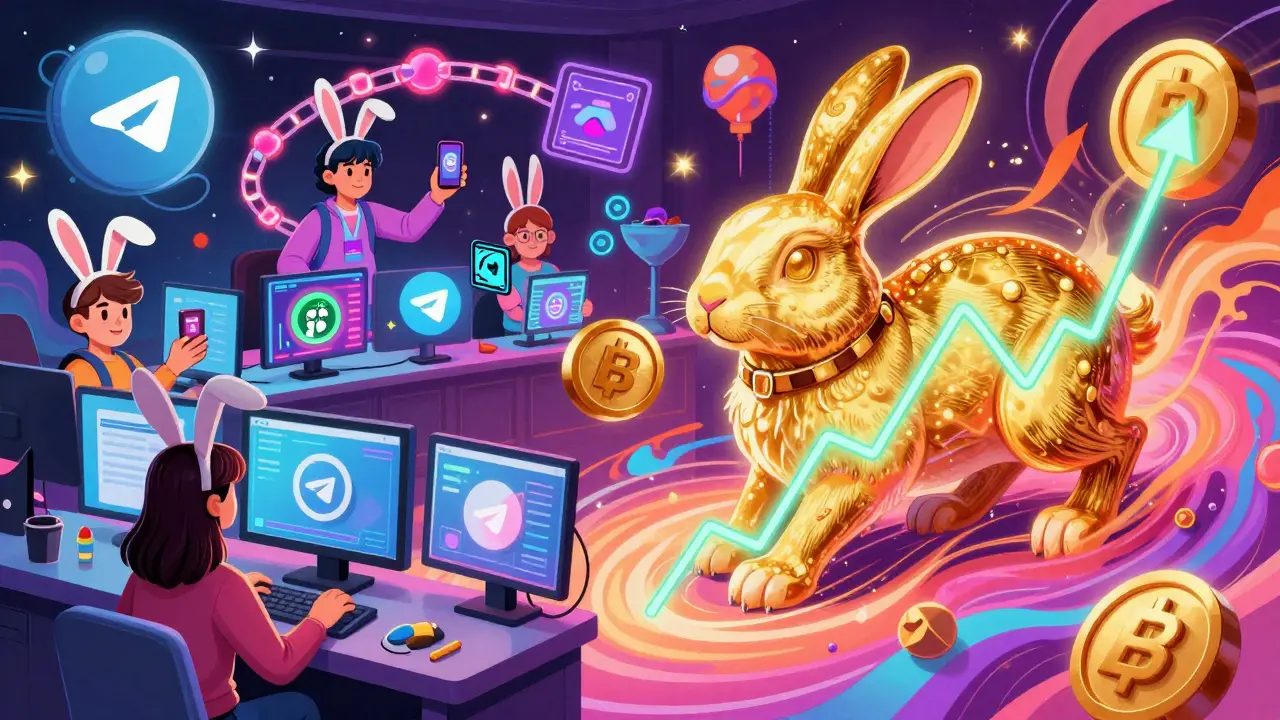 Psychedelic party hall where users exchange NFTs and refer friends, with a golden bunny rising from a token graph.