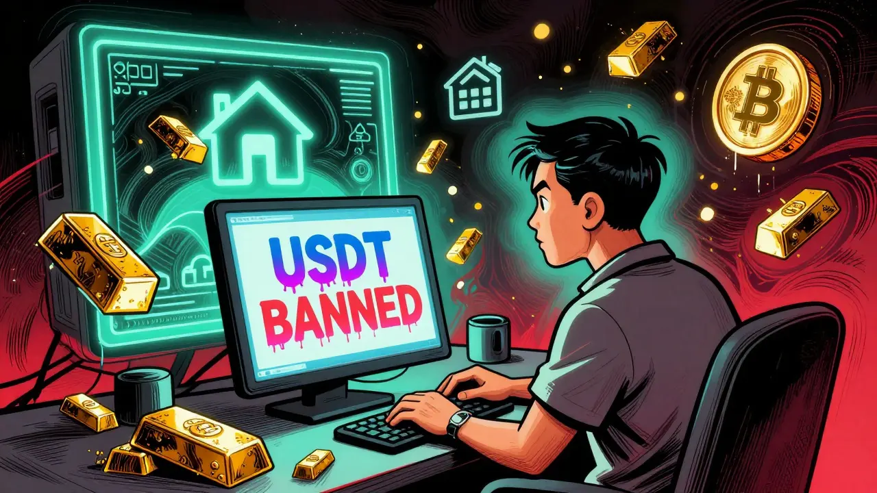 Retail trader facing banned USDT screen, surrounded by gold and real estate tokens under state surveillance.