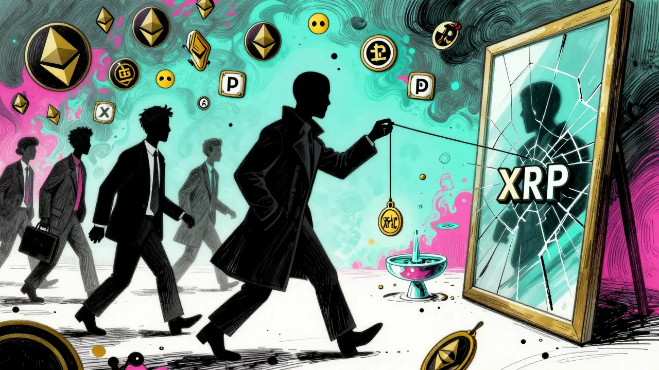 Shadowy figure manipulating XRPC token while investors walk toward it blindly