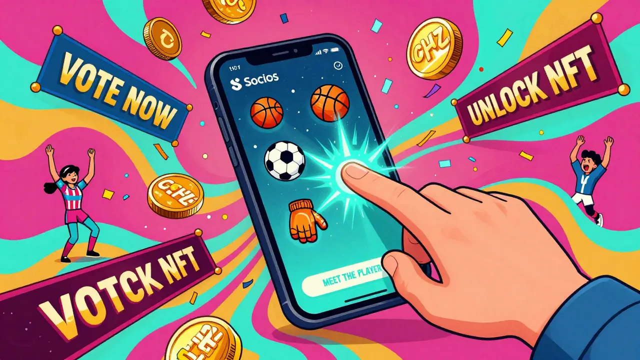 Socios app interface with CHZ coins raining down, surrounded by sports icons and psychedelic patterns.