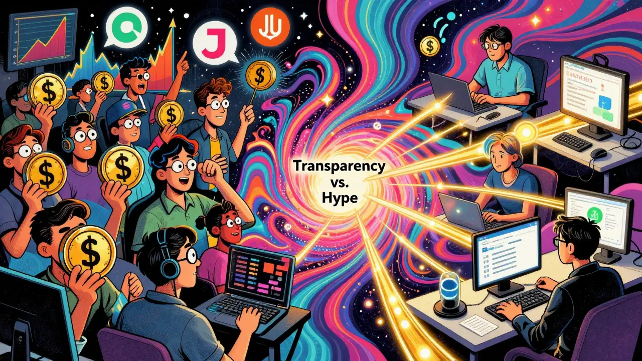 Split scene: chaotic traders vs. calm developers on JuChain, psychedelic contrast in Wes Wilson style