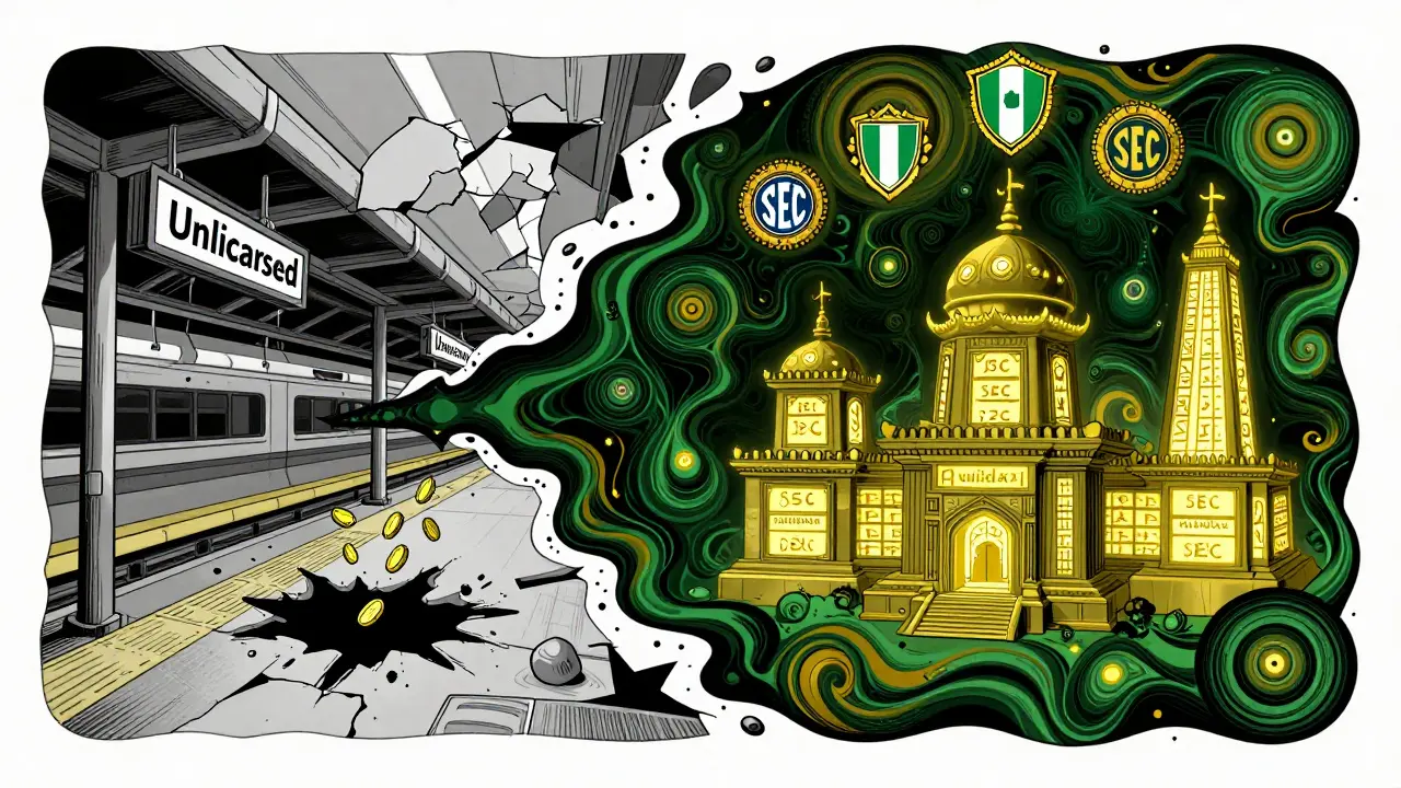 Split scene: chaotic unlicensed exchange collapsing vs. safe licensed platforms glowing with SEC symbols.