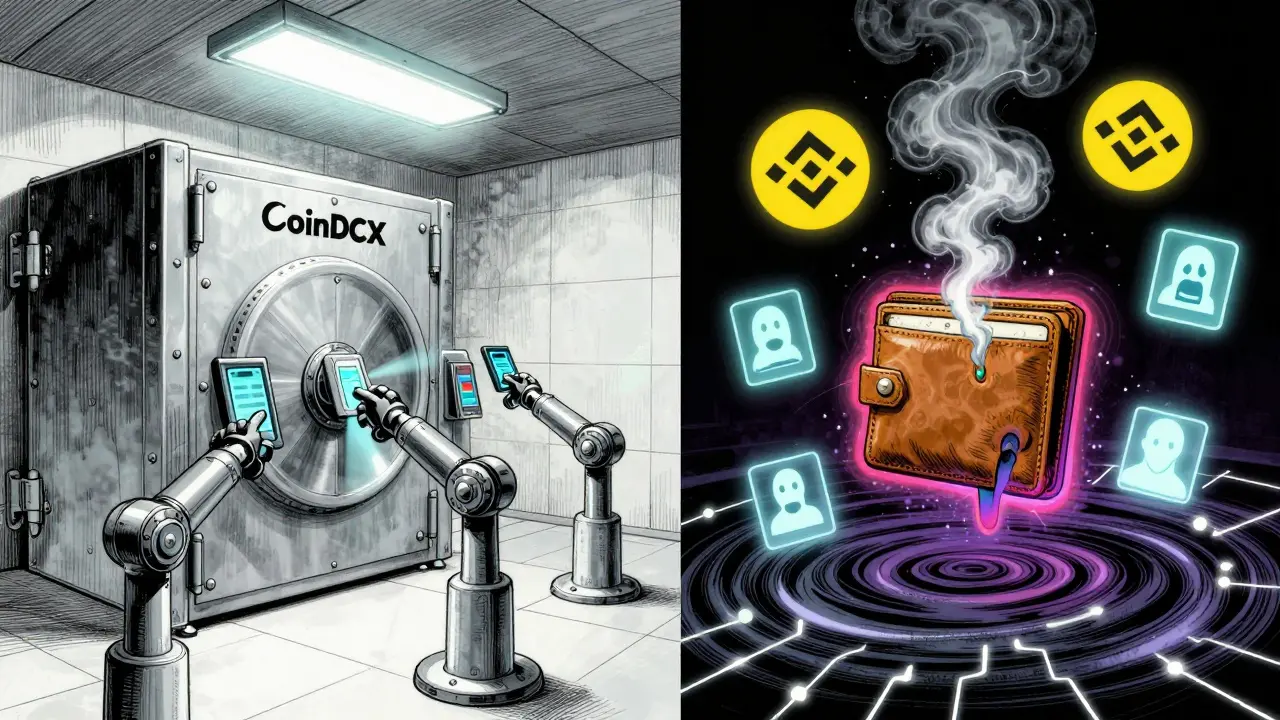 Split-screen: a secure compliant vault on one side, a dissolving offshore exchange on the other, rendered in swirling neon ink washes.