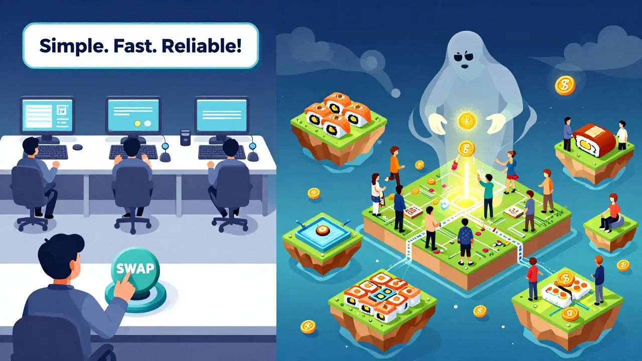 Split-screen DeFi scene: Uniswap’s orderly swap floor vs SushiSwap’s chaotic reward farm, with community rebuilding the platform.