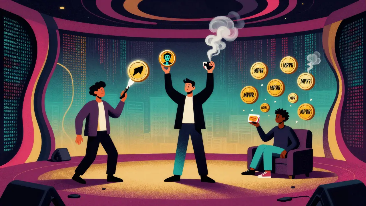 Three figures in a blockchain concert hall surrounded by floating NFTs and vanishing tokens