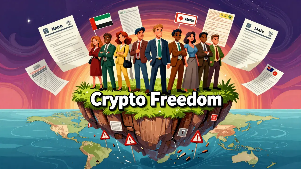 Traders on a floating island of freedom, surrounded by visas and legal docs, while restricted countries sink below.