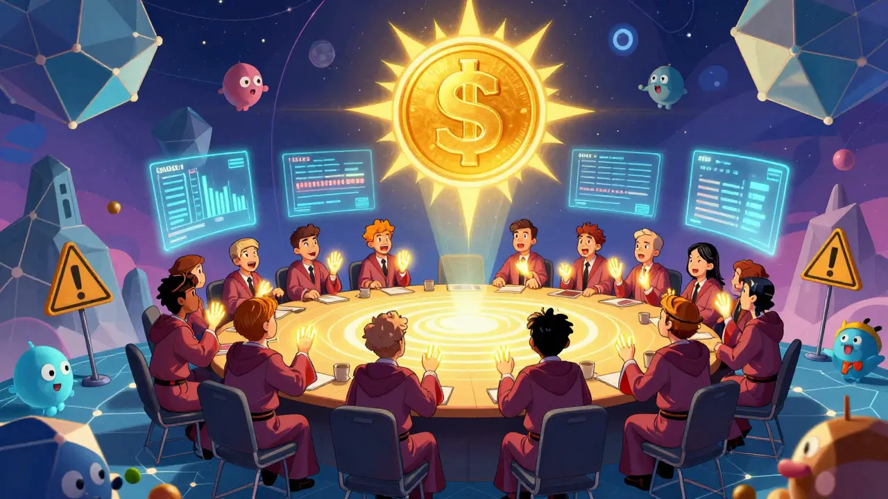 Trippy governance meeting with SUSHI holders voting under a glowing token sun