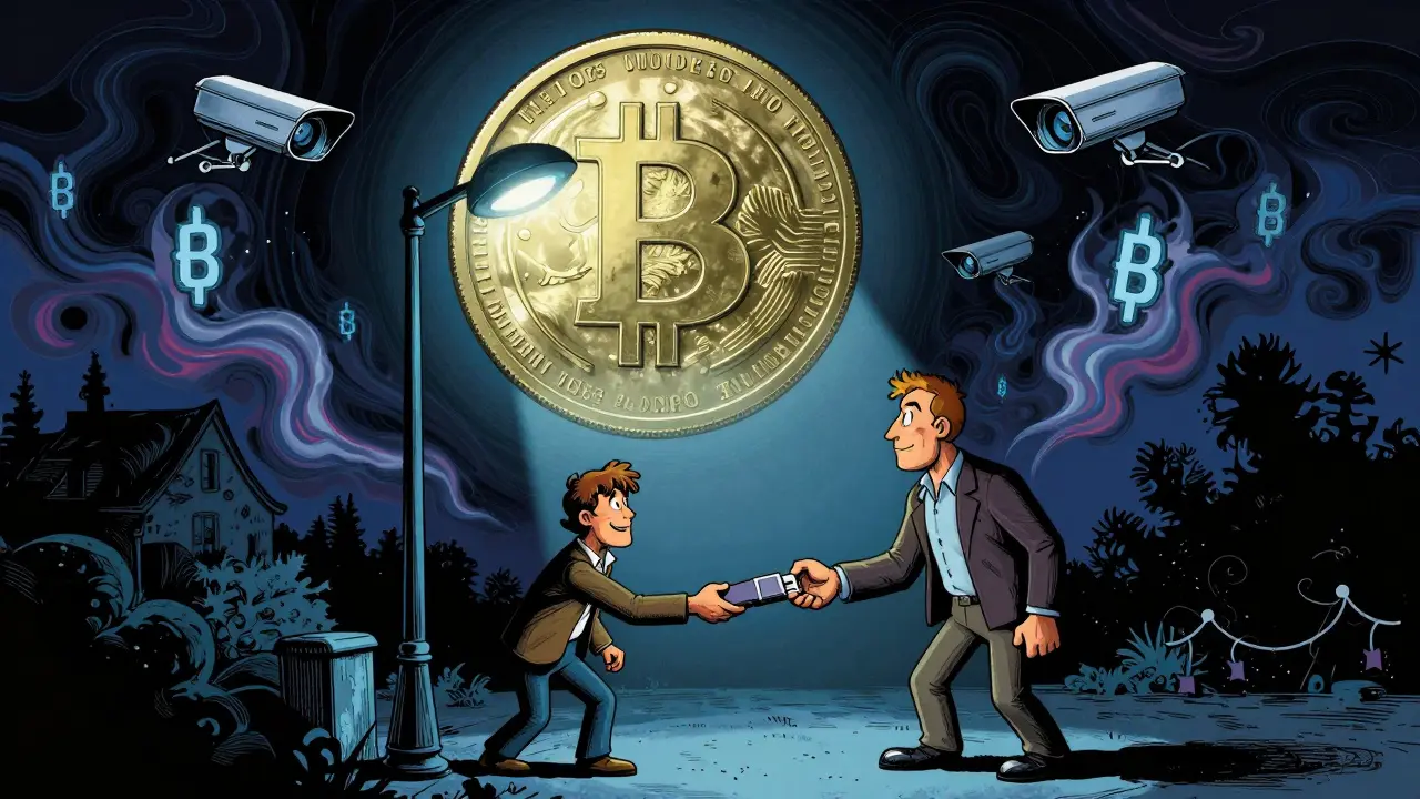 Two people exchanging crypto secretly at night under a looming digital rial coin and surveillance drones.