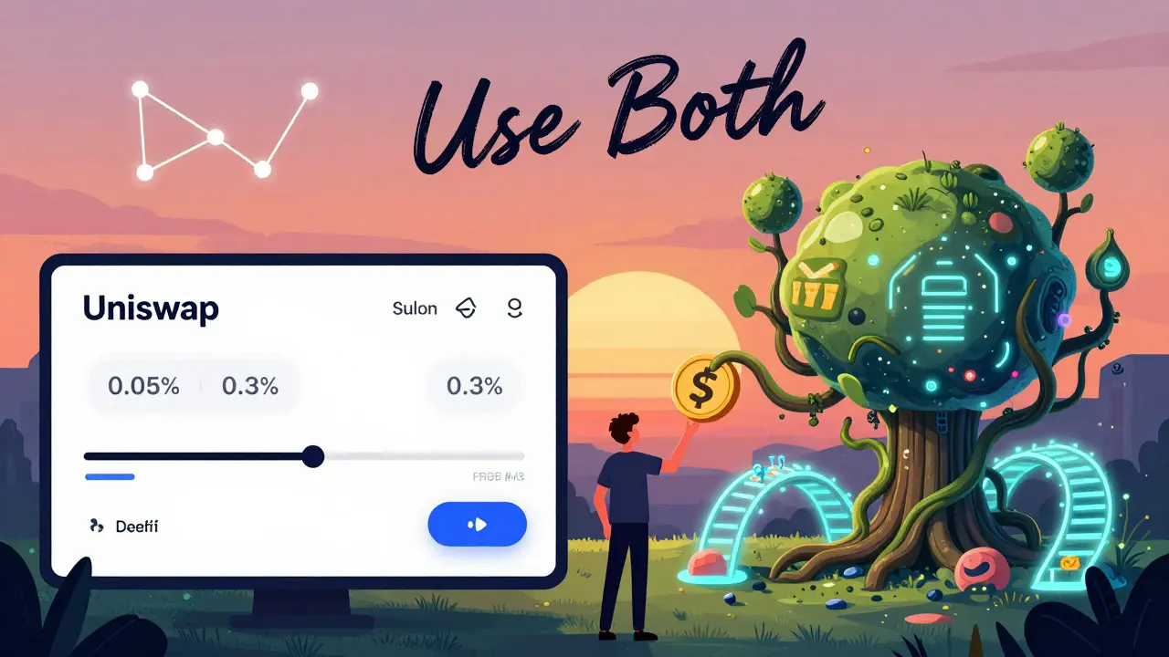 User choosing between Uniswap’s simple interface and SushiSwap’s complex reward system, surrounded by blockchain constellations.