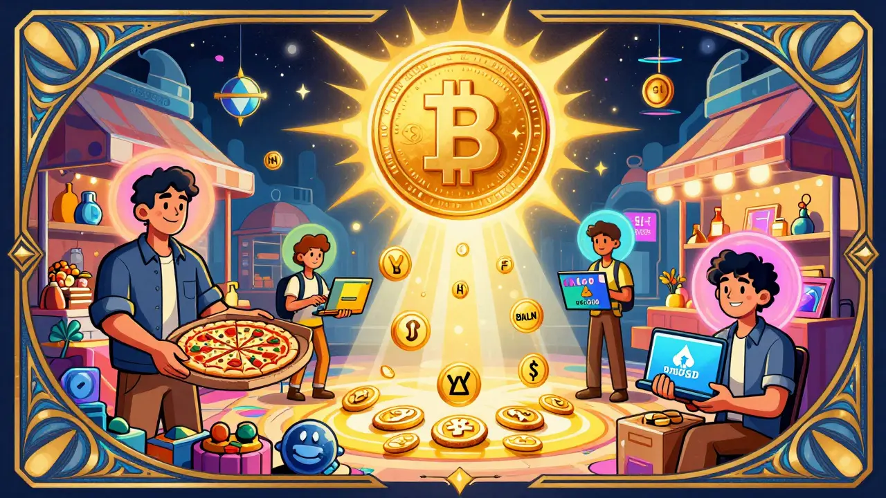 Users across blockchains trading with bnUSD under a glowing coin halo, rendered in vibrant Wes Wilson psychedelic illustration.