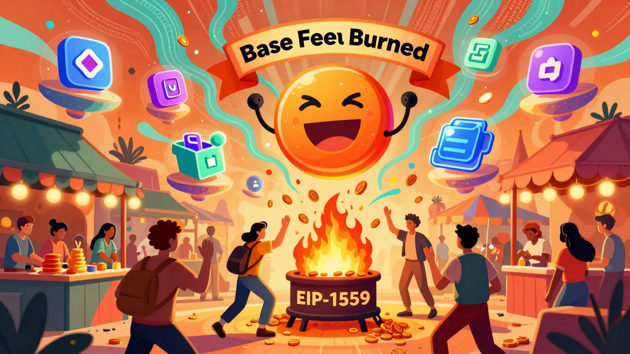 Users tossing coins into a burning fee furnace while DApps float above in a vibrant, trippy marketplace.