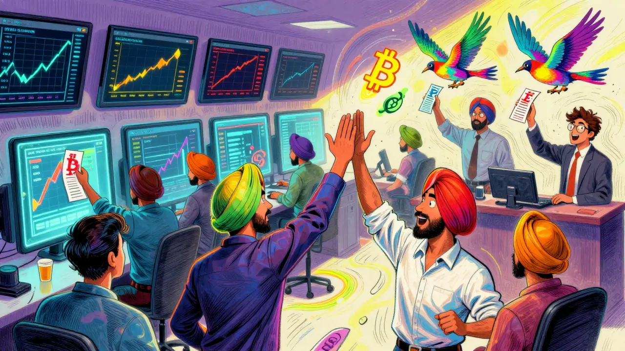 Vibrant crypto exchange floor with traders and rainbow UPI receipts