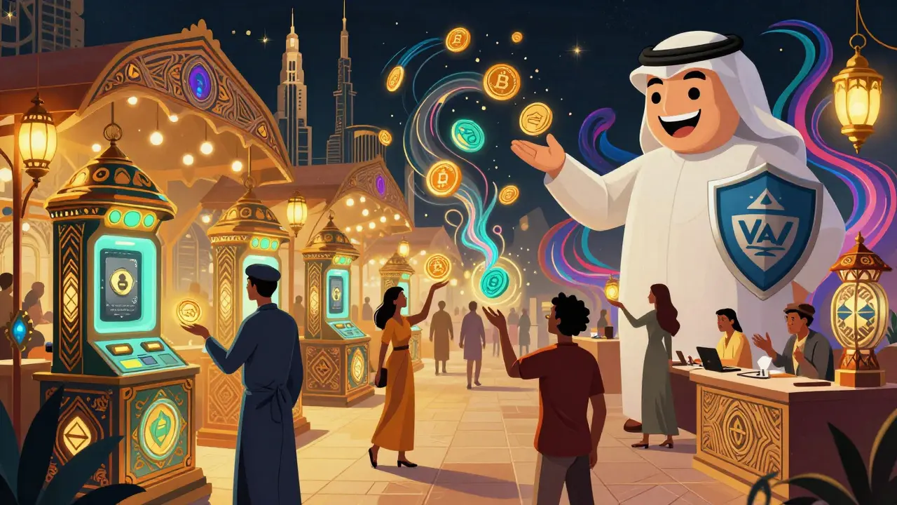 Vibrant Dubai marketplace where merchants accept crypto payments through glowing lantern-shaped terminals.