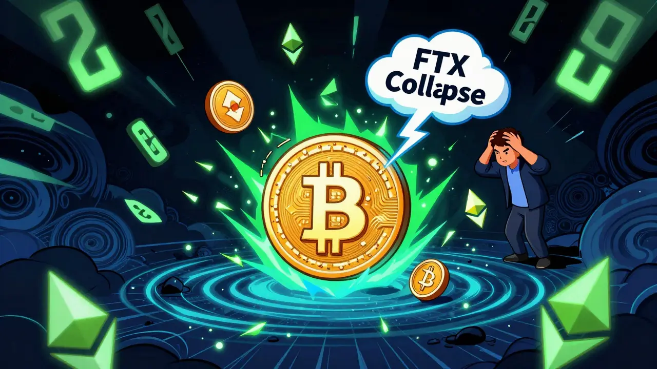 A crypto wallet in a storm of crashing and soaring digital coins, with lightning from an FTX collapse.