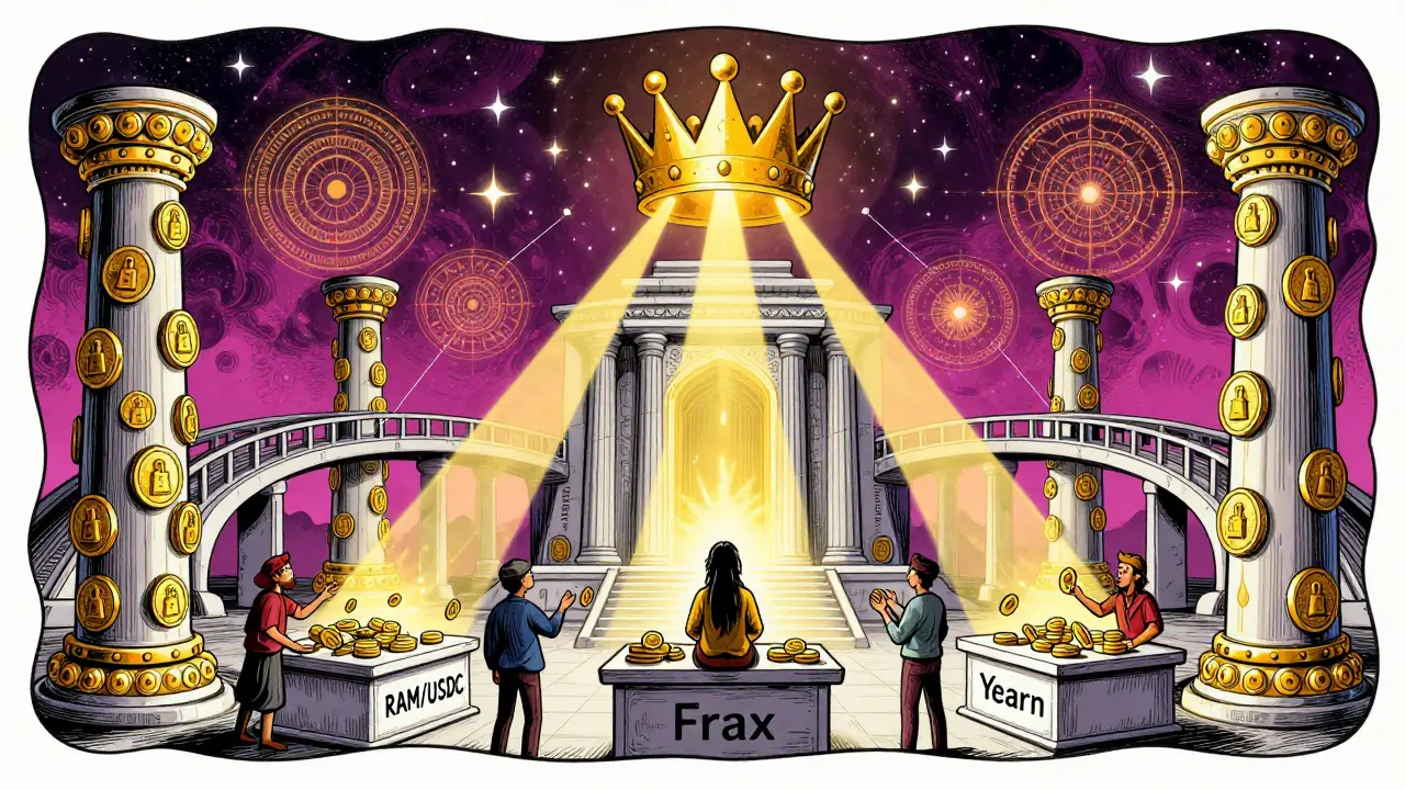 A DeFi temple with locked RAM pillars and voters offering bribes, crowned by a glowing veNFT under cosmic bridges.