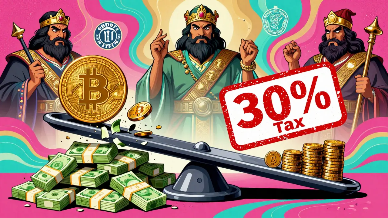 A digital scale crushed by a 30% tax stamp, with crypto assets and government agencies watching.