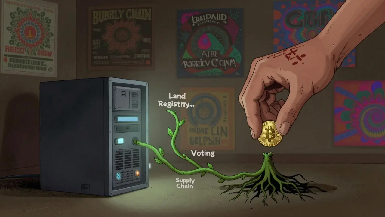 A fragile blockchain project being crushed by a giant hand labeled 'CBE' in a dark room.