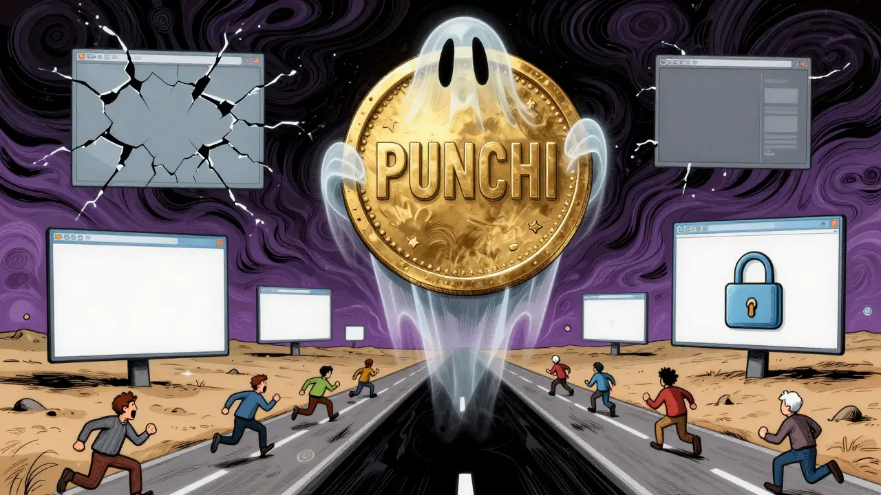 A ghostly token hovering over an empty digital wasteland as tiny investors flee into darkness.