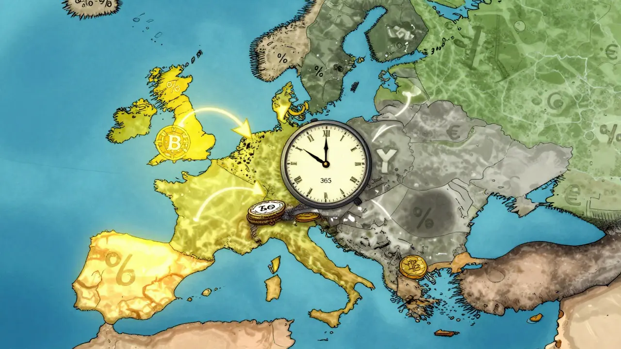 A glowing Portugal shines on a map of Europe as crypto flows in, while other countries fade, with a giant 365-day clock at center.