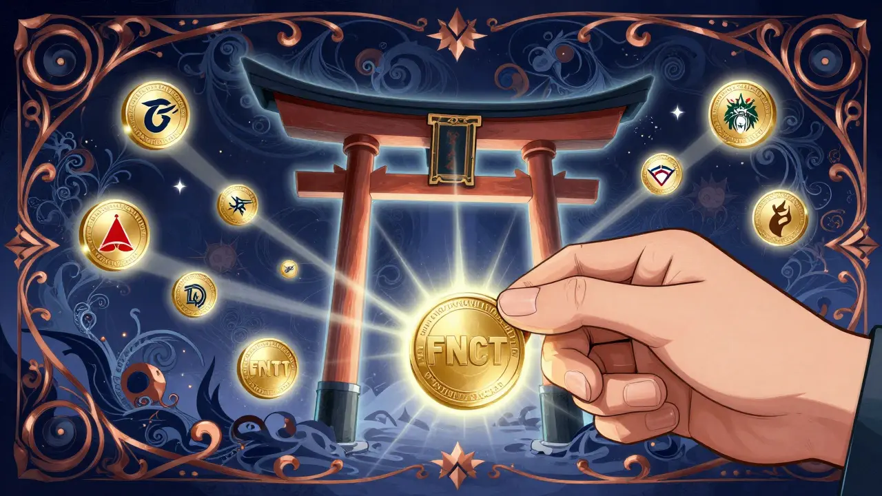 A hand placing an FNCT token into a torii-shaped portal surrounded by floating community tokens.