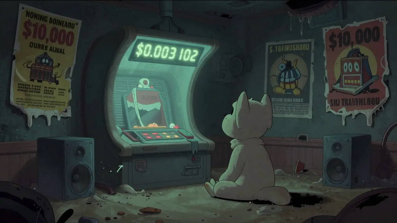 A lonely cartoon creature sitting beside a faded trading screen with a tiny price tag in a desolate digital world.