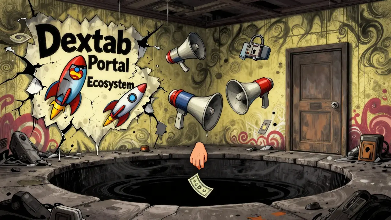 A peeling 'Dextab Portal' graffiti wall with useless icons, as a dollar bill vanishes into nothingness.