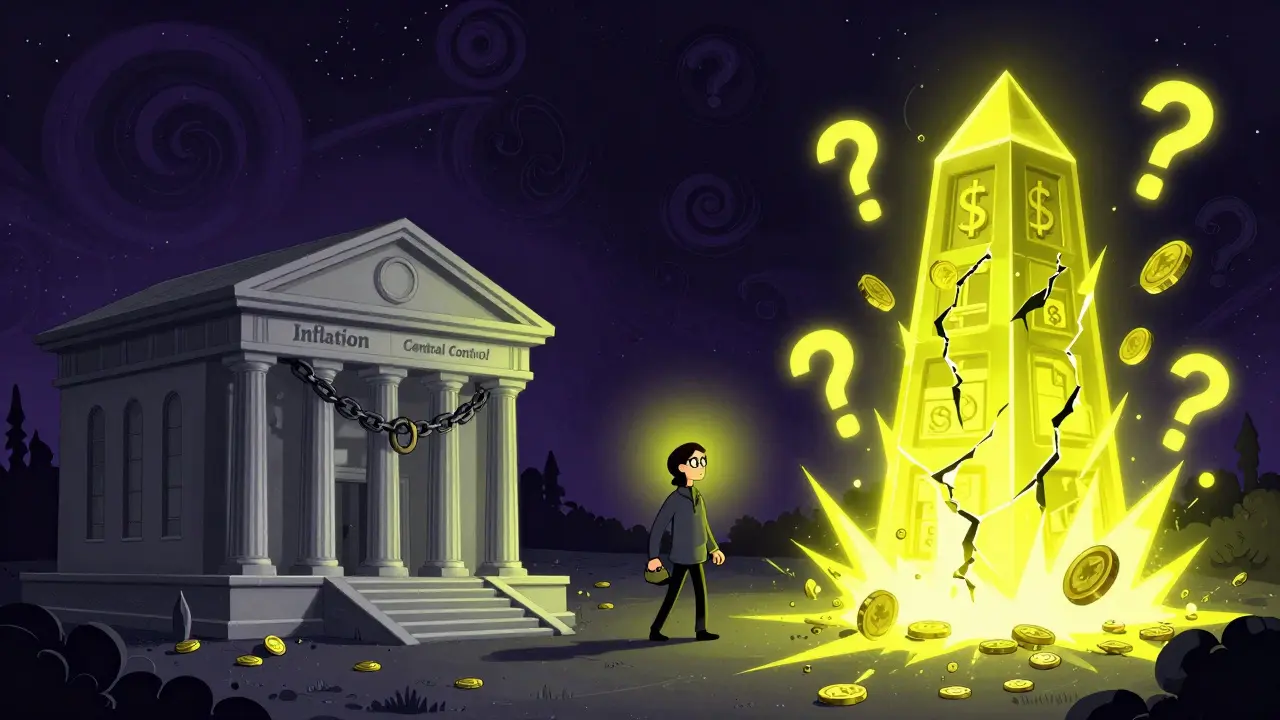 A person caught between a bureaucratic bank and a cracked blockchain tower, surrounded by fading coins.