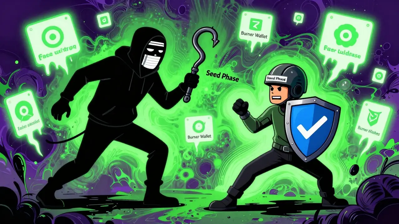 A scammer with fake websites tries to trap a user with a seed phrase hook, shielded by a verified checkmark