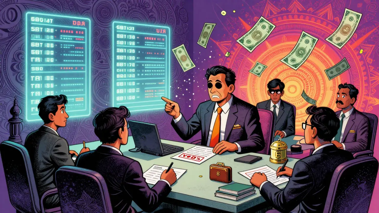 A surreal tax office with blockchain ledgers and VDA stamps in 1960s psychedelic poster style.