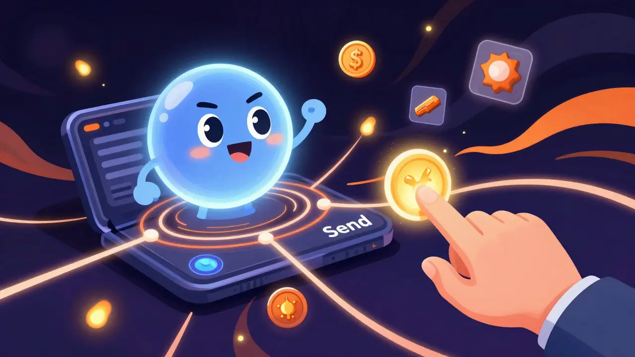 An AI orb guiding a hand to send a transaction, with fee pathways and crypto icons floating in swirling psychedelic colors.