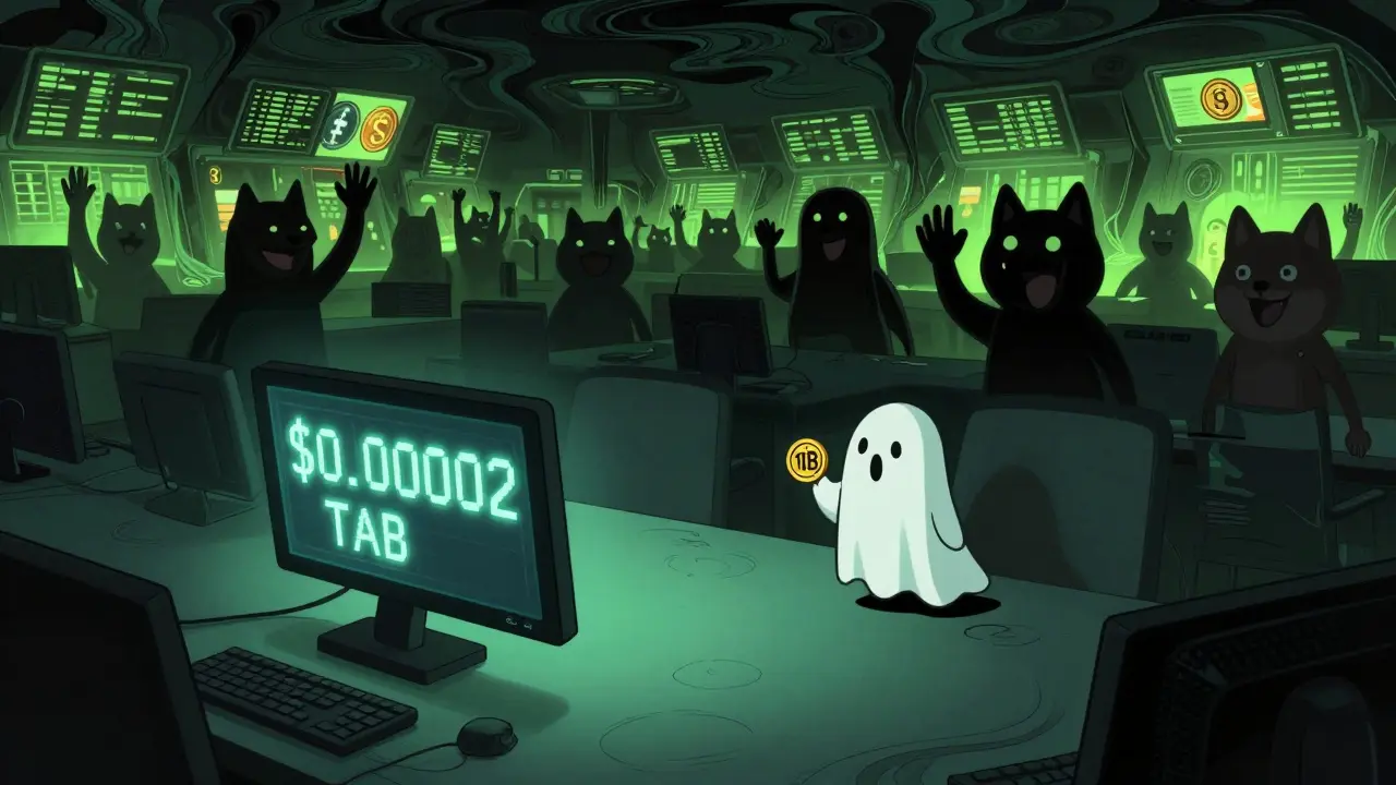 An empty crypto trading floor with a ghost holding a TAB token, while other popular coins celebrate in the distance.