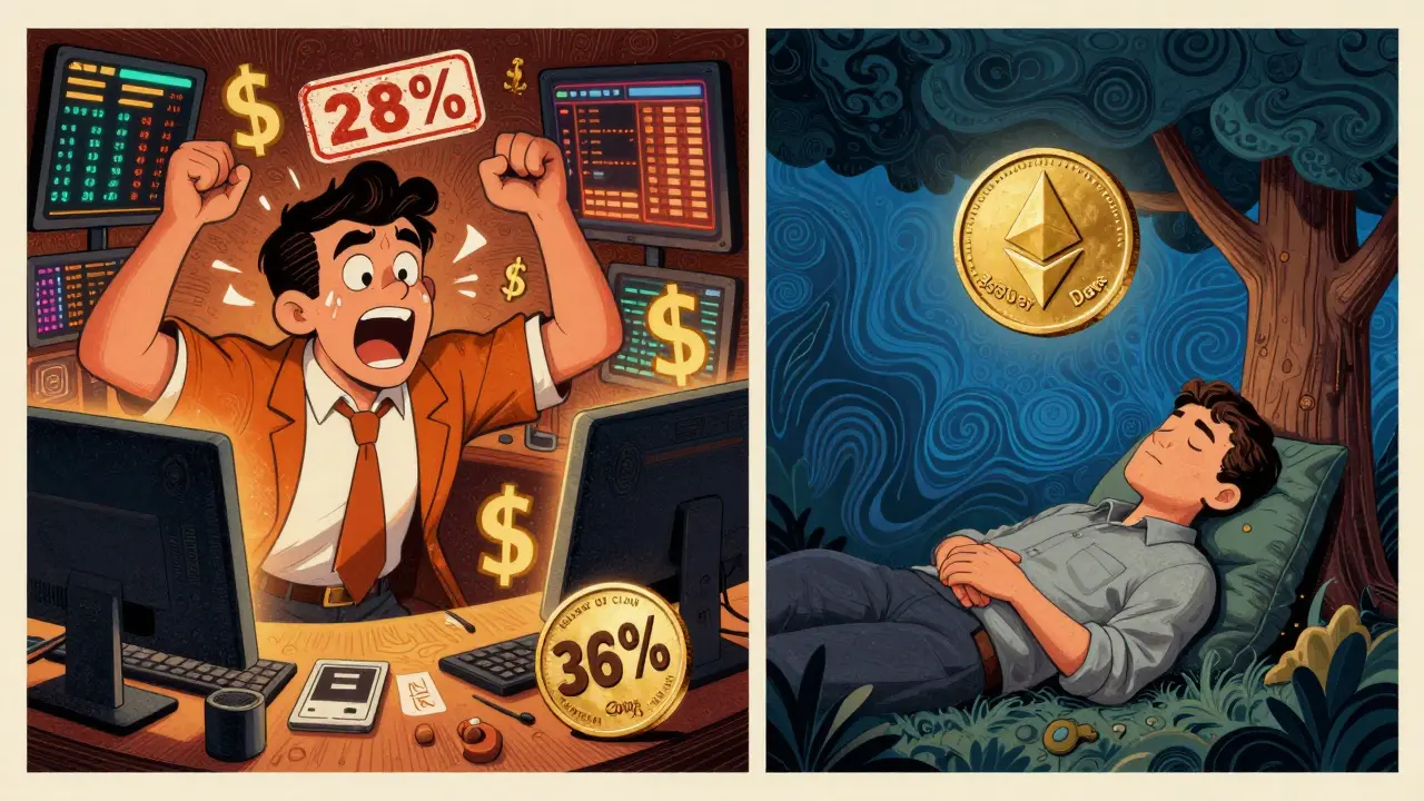 Contrasting scenes: a stressed trader under tax stamps vs. a calm investor with a 365-day crypto token, in psychedelic poster style.
