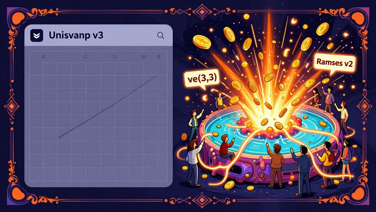 Contrasting Uniswap v3’s static grid with Ramses v2’s dynamic, reward-filled hub in psychedelic illustration style.