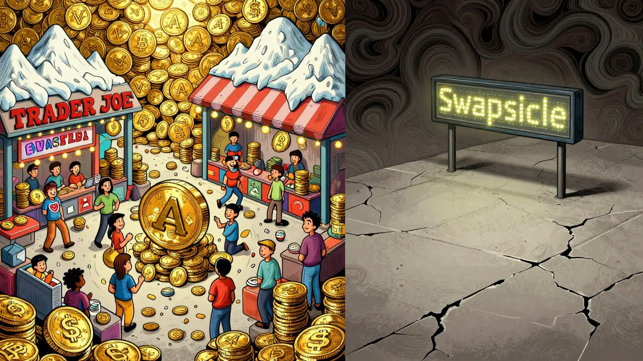 Contrasting vibrant TraderJoe marketplace with abandoned Swapsicle slab in psychedelic style.