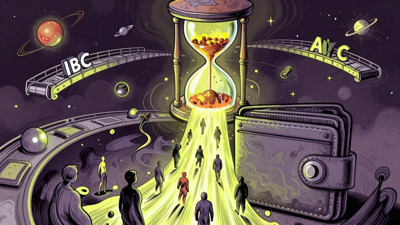 Cosmic wallet pouring AXM tokens into stakers, with burning hourglass and inter-blockchain bridges.