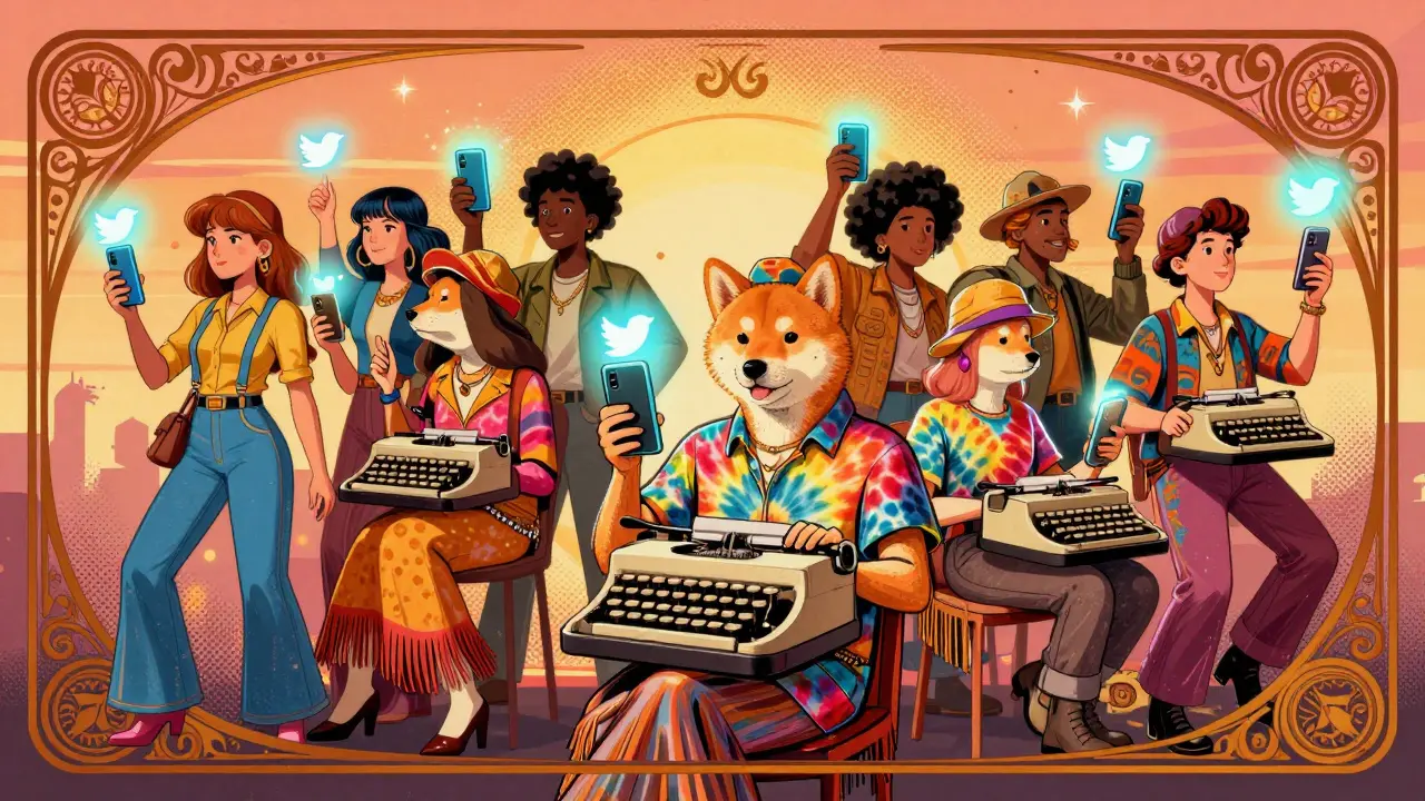 Crowd of 1960s-style crypto fans retweeting Shiba Inu-themed Twitter birds