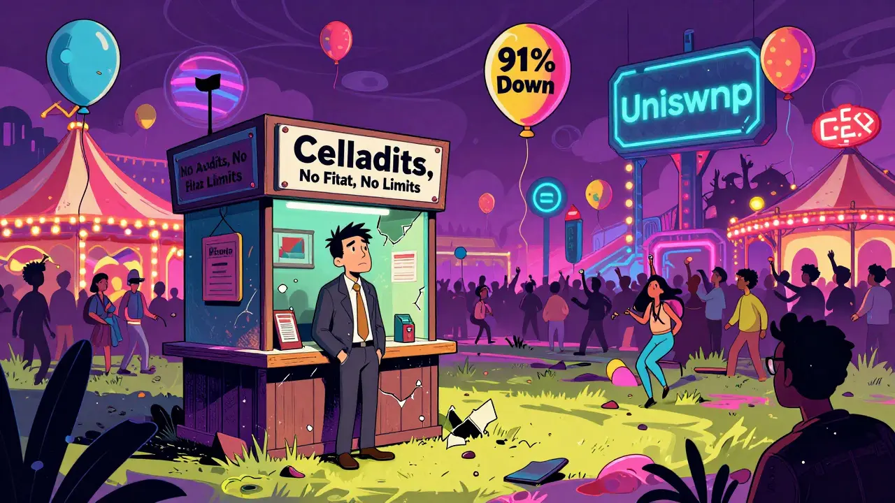 DeFi carnival with Cellana Finance booth collapsing as token balloons fall, overshadowed by bigger DEXs