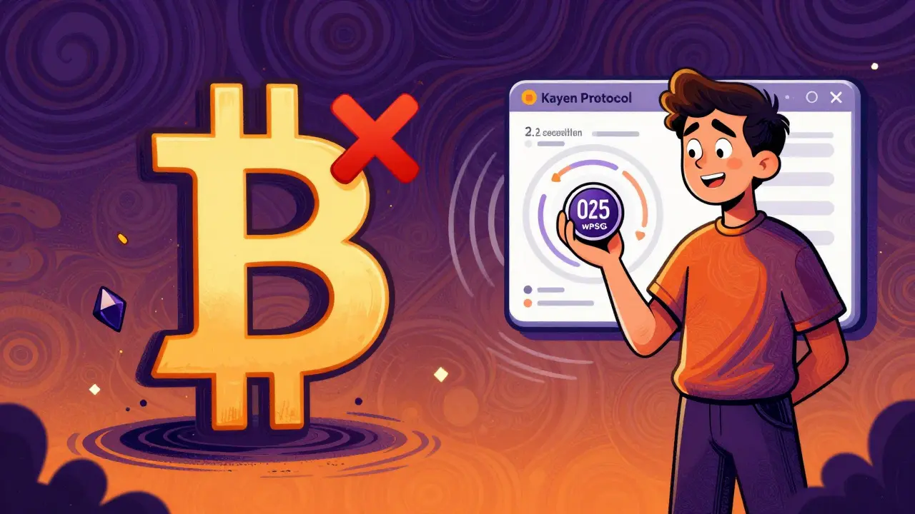 Fan holding fractional wPSG token while Bitcoin is crossed out, in vibrant psychedelic illustration
