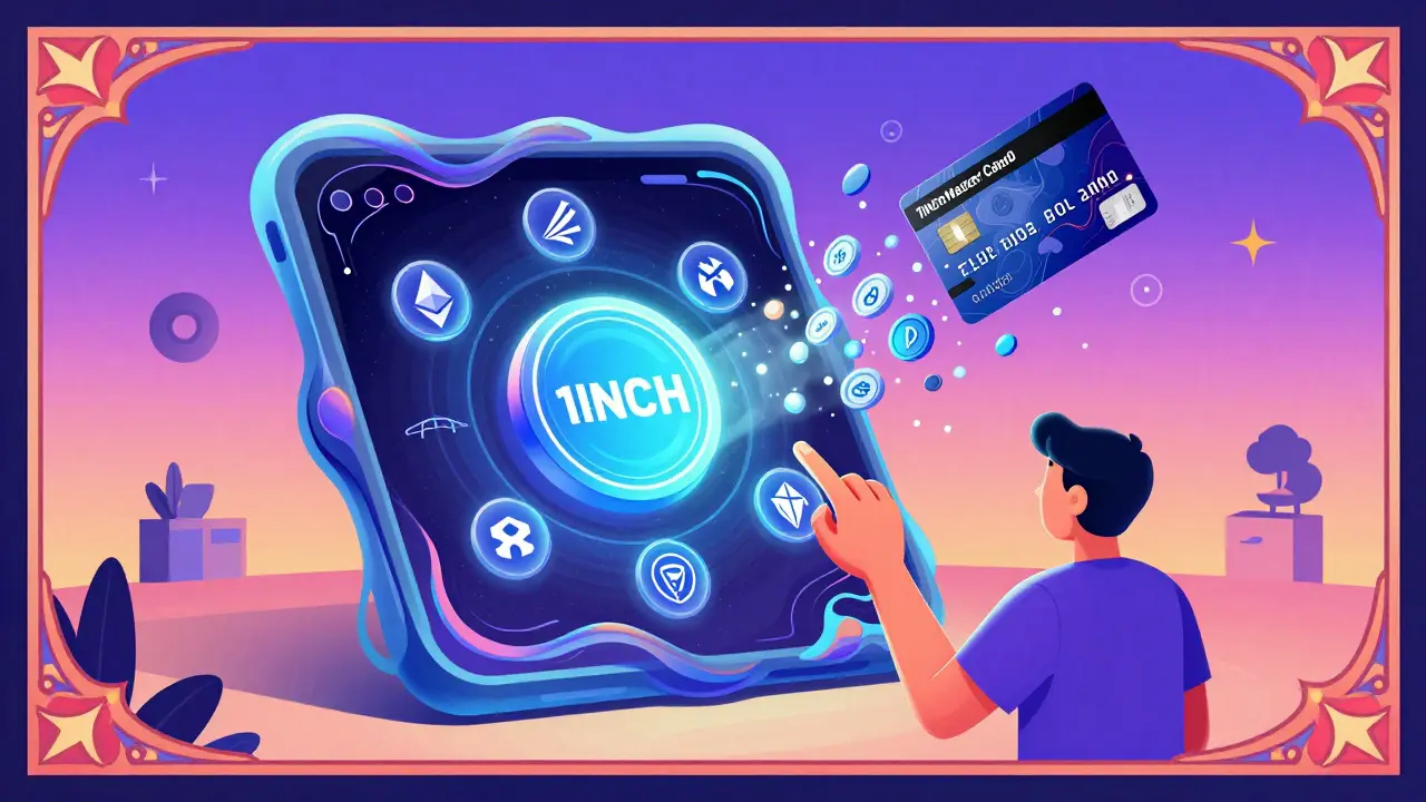 Floating 1inch Wallet app with cross-chain icons and a transforming Mastercard, rendered in vibrant psychedelic style.