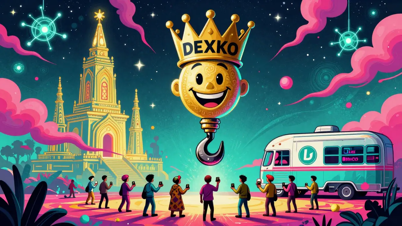 Giant trailer hitch crowned 'DEXKO' looms over crypto traders, with real DEXs glowing like temples in the distance.