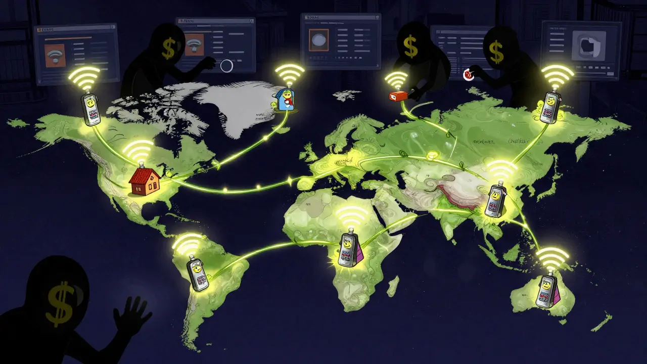 Global network of WiFi hotspots connected by WNT tokens, with scammer figures trying to steal them.