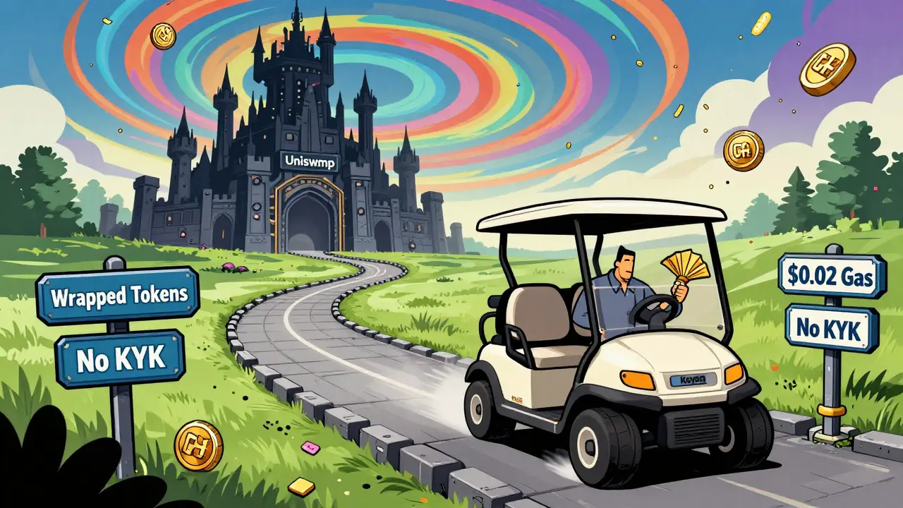 Golf cart named Kayen driving on blockchain path past fee signs, with Uniswap castle in distance