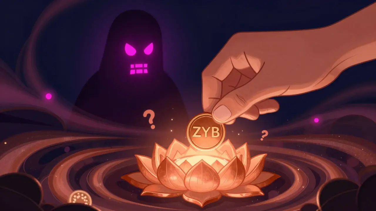 Hand placing a ZYB token into a fractal staking portal, surrounded by abstract reward nebulae and an un-audited contract shadow.