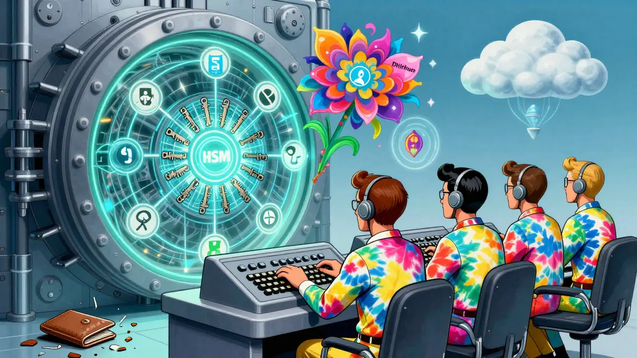 Operators use dual-control keys as HSM rotates quantum keys, cold wallet discarded nearby.