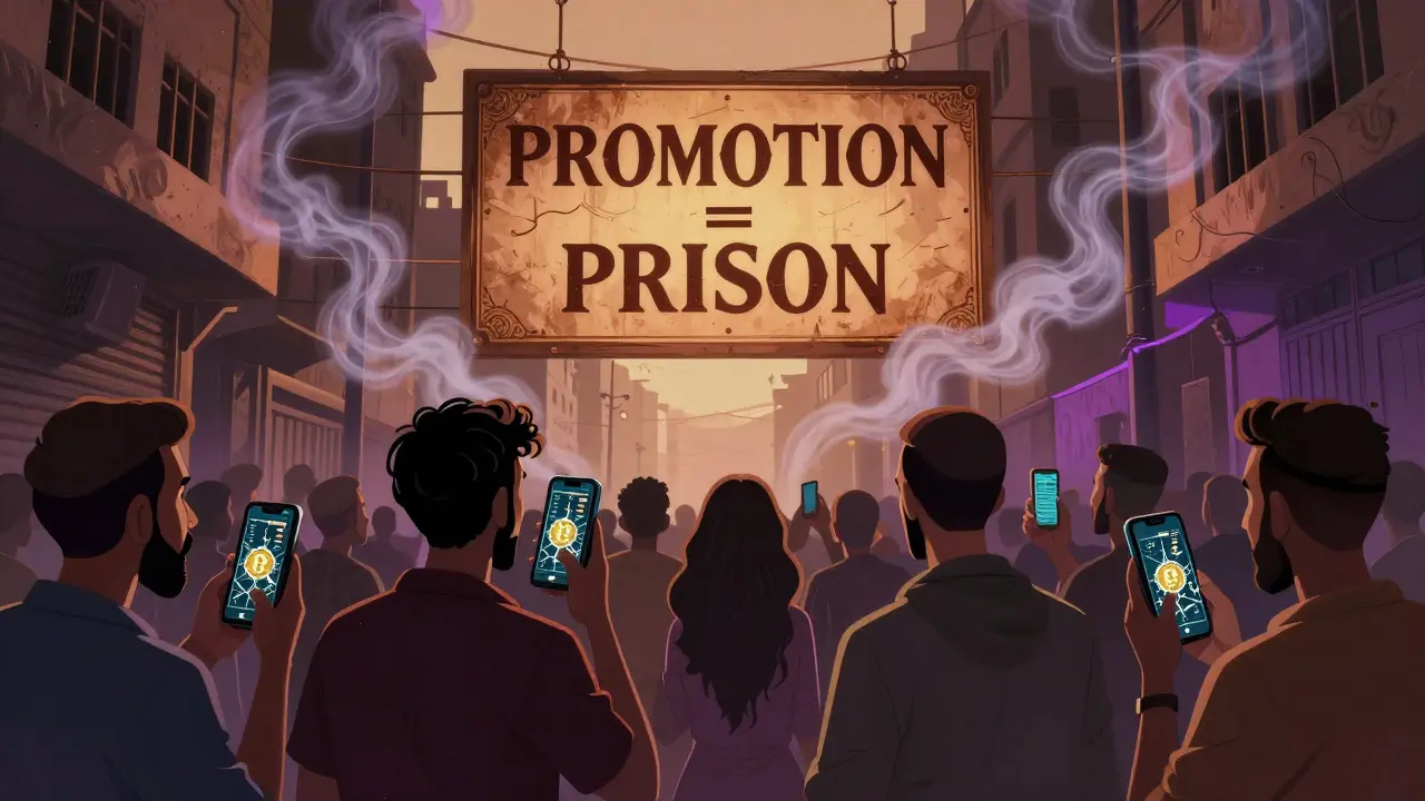 People whispering about crypto on phones while giant warning signs loom overhead in a Cairo street.